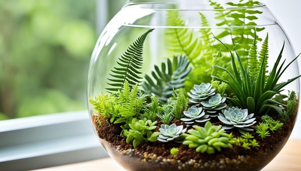 Miniature plants in a terrarium