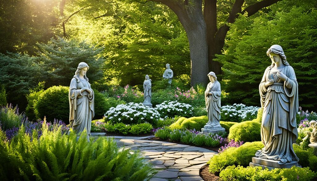 Stone Statues in Garden