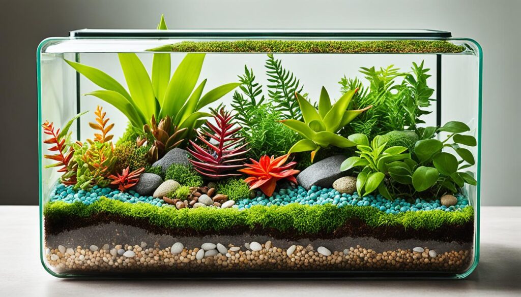 Terrarium with diverse plant life