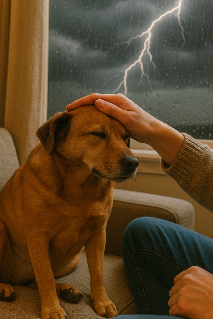 A person gently petting a dog during a storm
