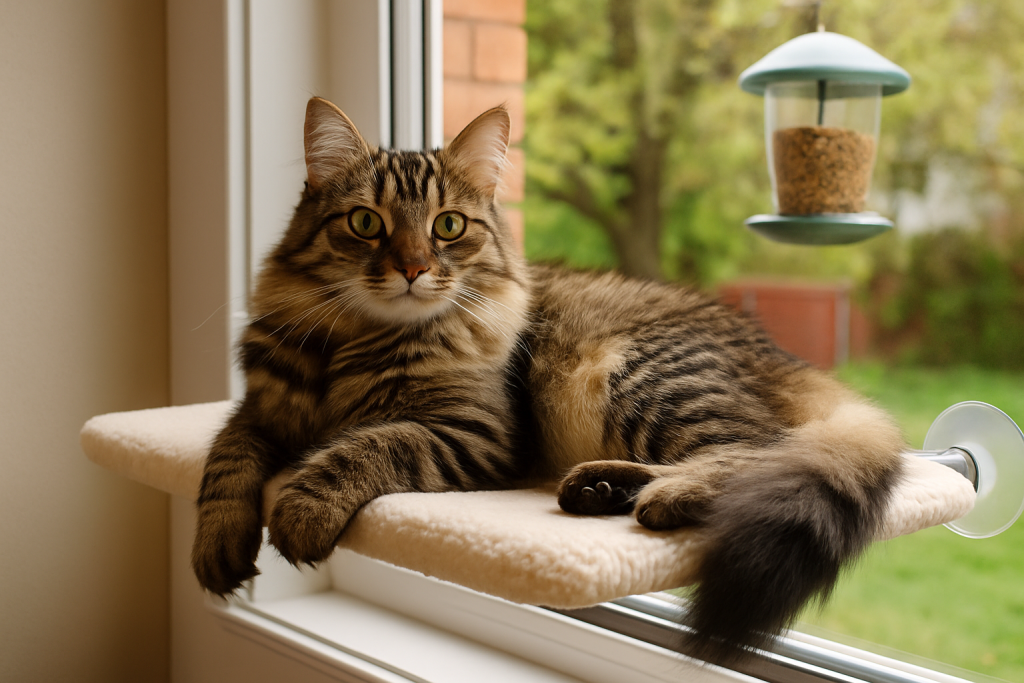 Cat enjoying window view with bird feeder