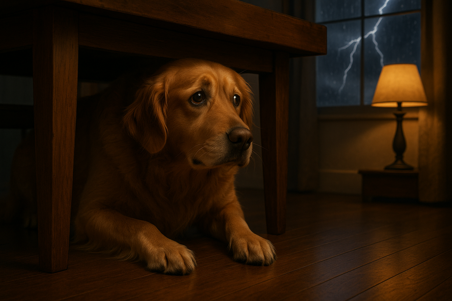 Anxious dog hiding during thunderstorm