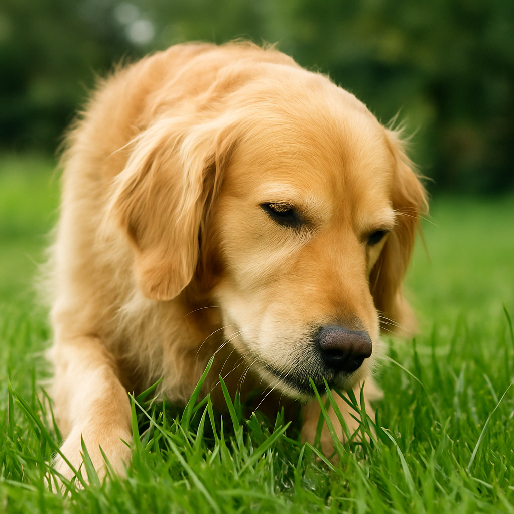 Dog peacefully eating grass during walk